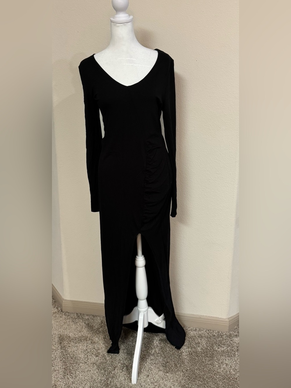 SHEIN Black Long-Sleeve V-Neck Ruched Maxi Dress with Front Slit